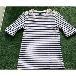 Lauren by Ralph Lauren Women's Short Sleeve Navy Blue & White Striped Top Small